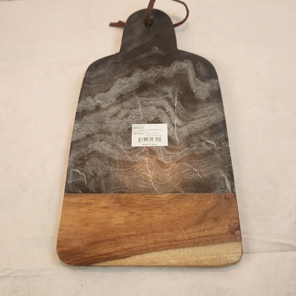 Serving Board Black Marble Sheesham Wood Leather Cord‎ Charcuterie Cutting Tray